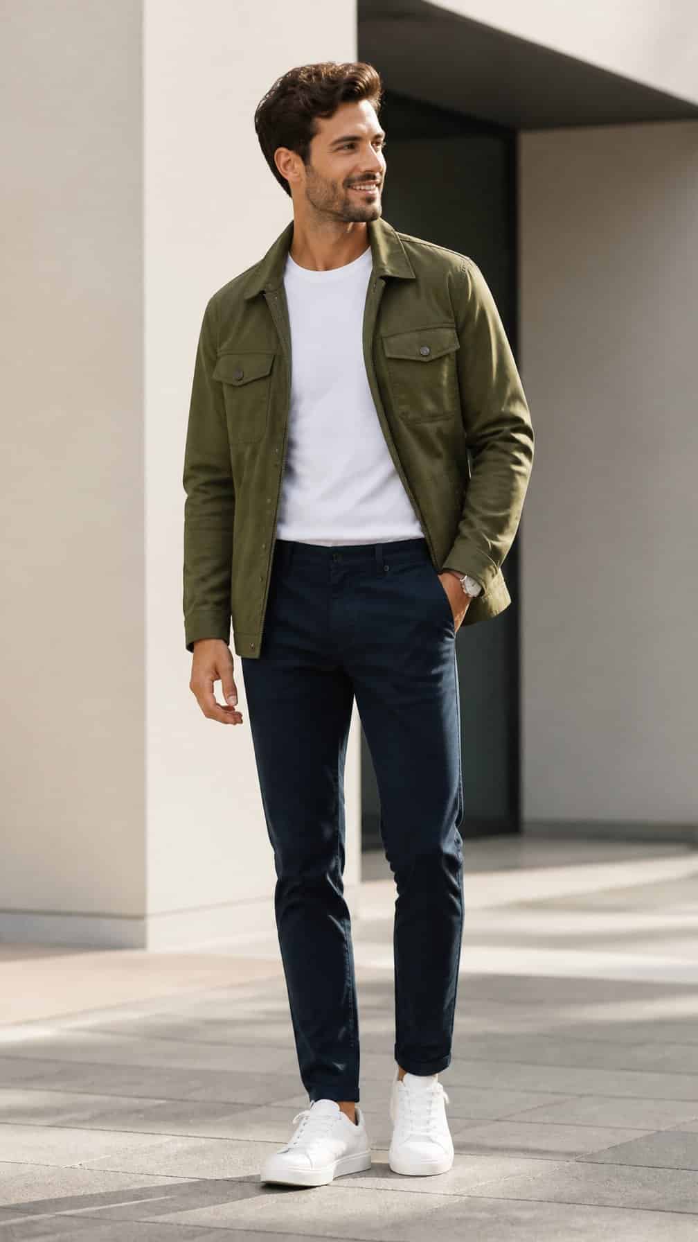 A man wearing an olive utility jacket, white tucked-in T-shirt, dark chinos, and white sneakers stands in an urban setting.