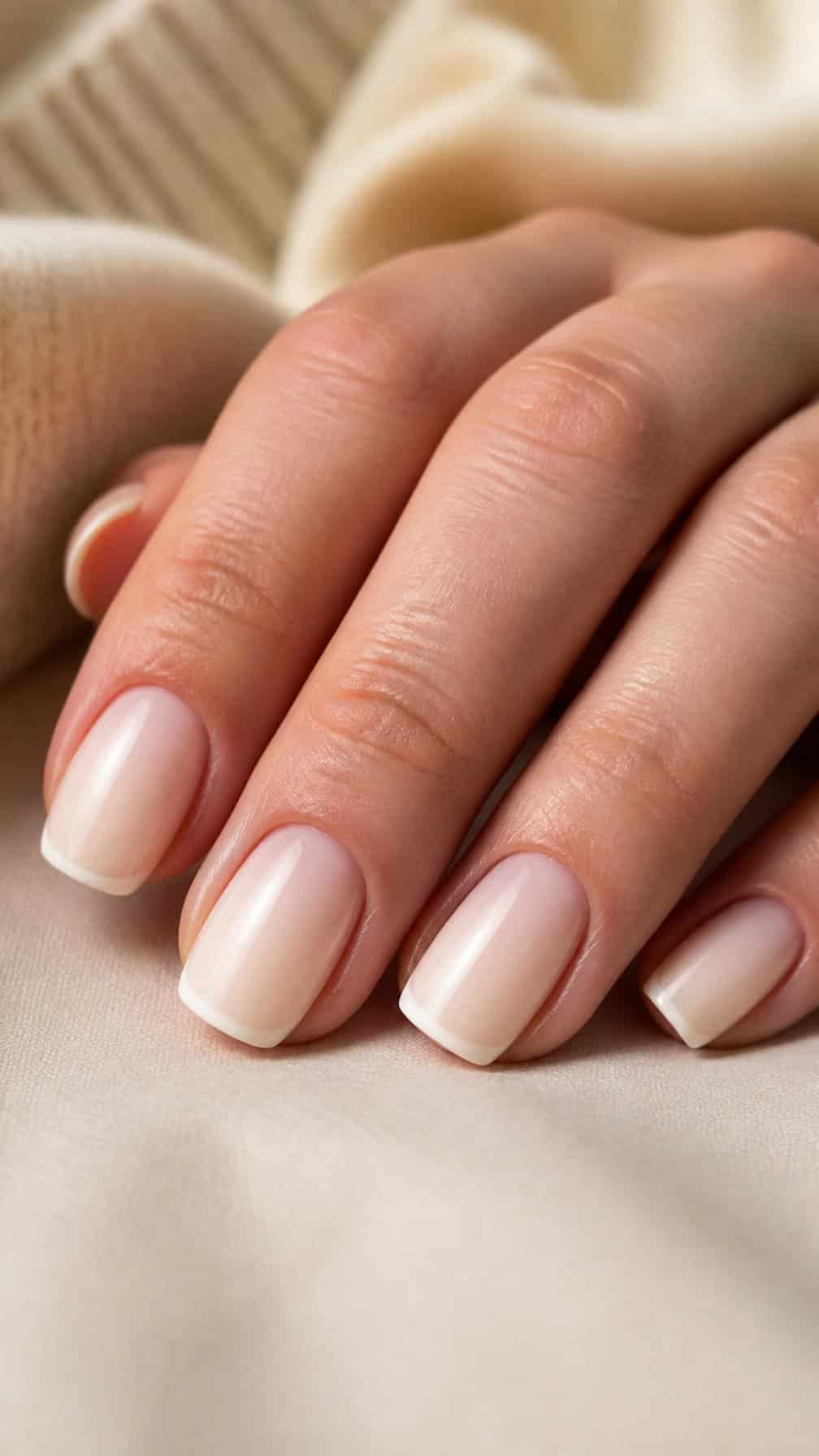 A hand displaying vanilla ombre nails with delicate white French tips.