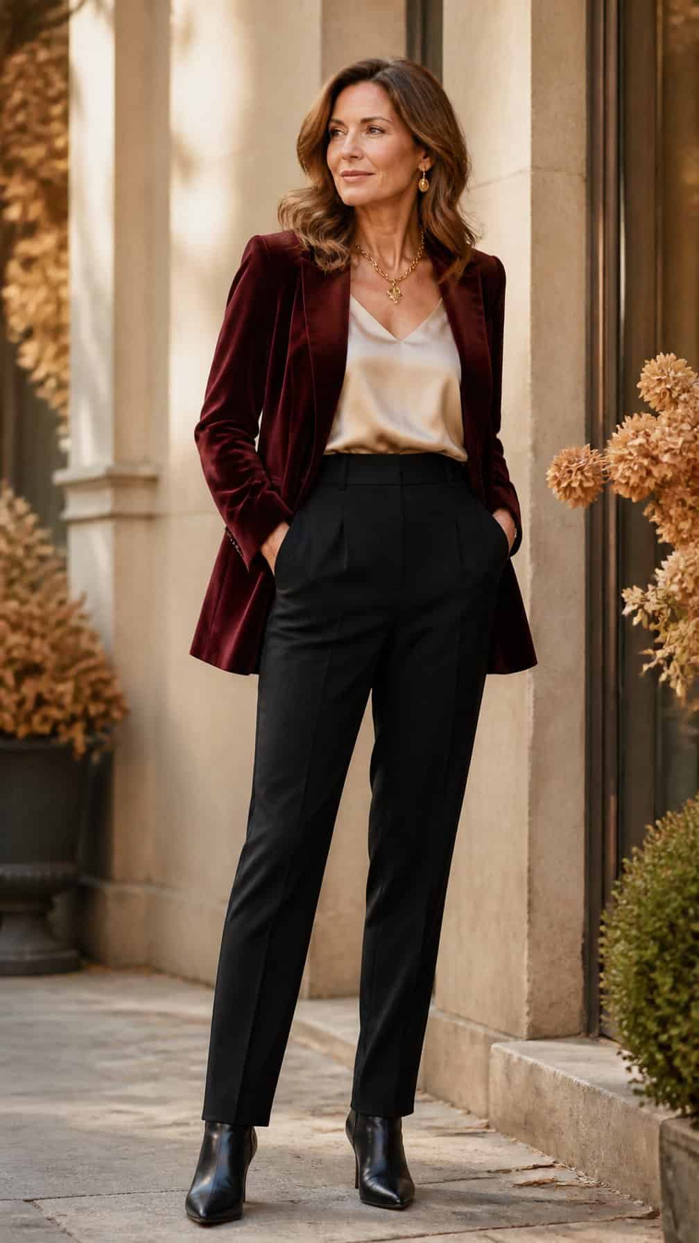 A woman wearing a burgundy velvet blazer over a champagne silk camisole with black trousers in an autumn setting.