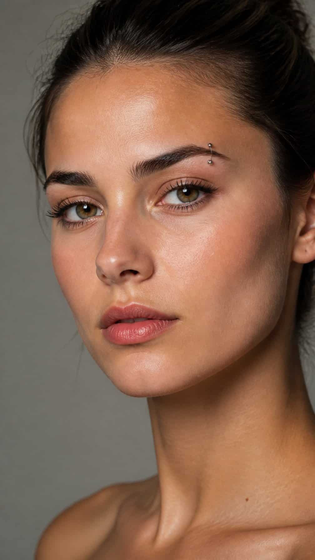 Close-up portrait of an adult with a square face and a vertical silver eyebrow piercing.