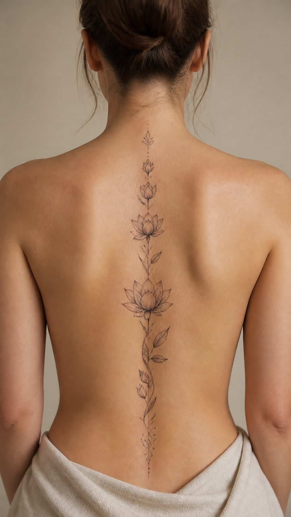 A person’s back featuring a vertical lotus flower tattoo centered along the spine.