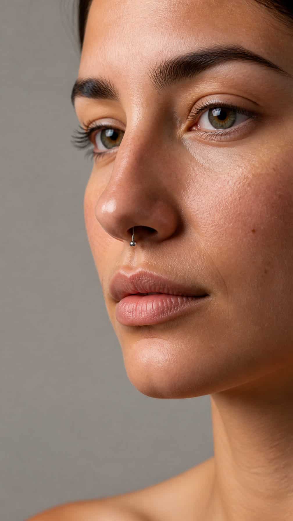 Close-up portrait of an adult wearing a curved barbell through the tip of the nose.