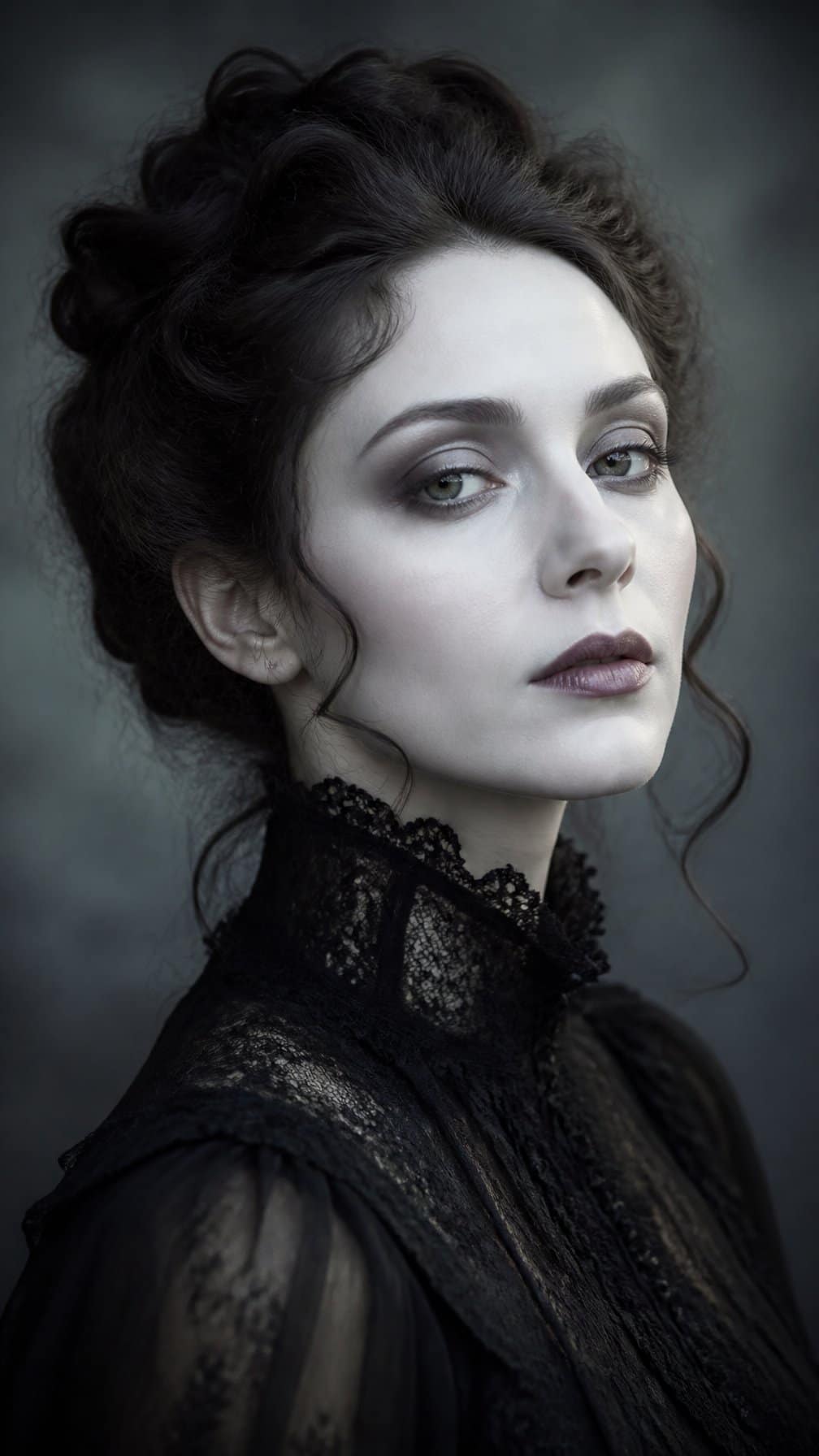 Adult model wearing elegant Victorian-inspired ghost makeup and a black lace blouse.
