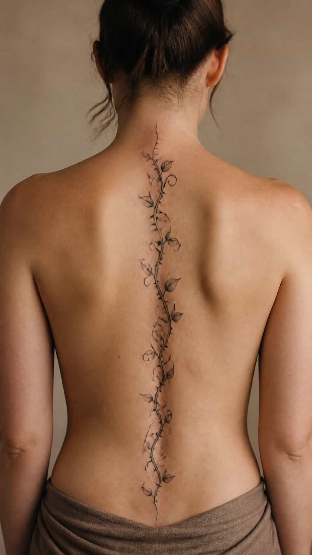 A person viewed from behind with a thorny vine tattoo extending vertically along the spine.