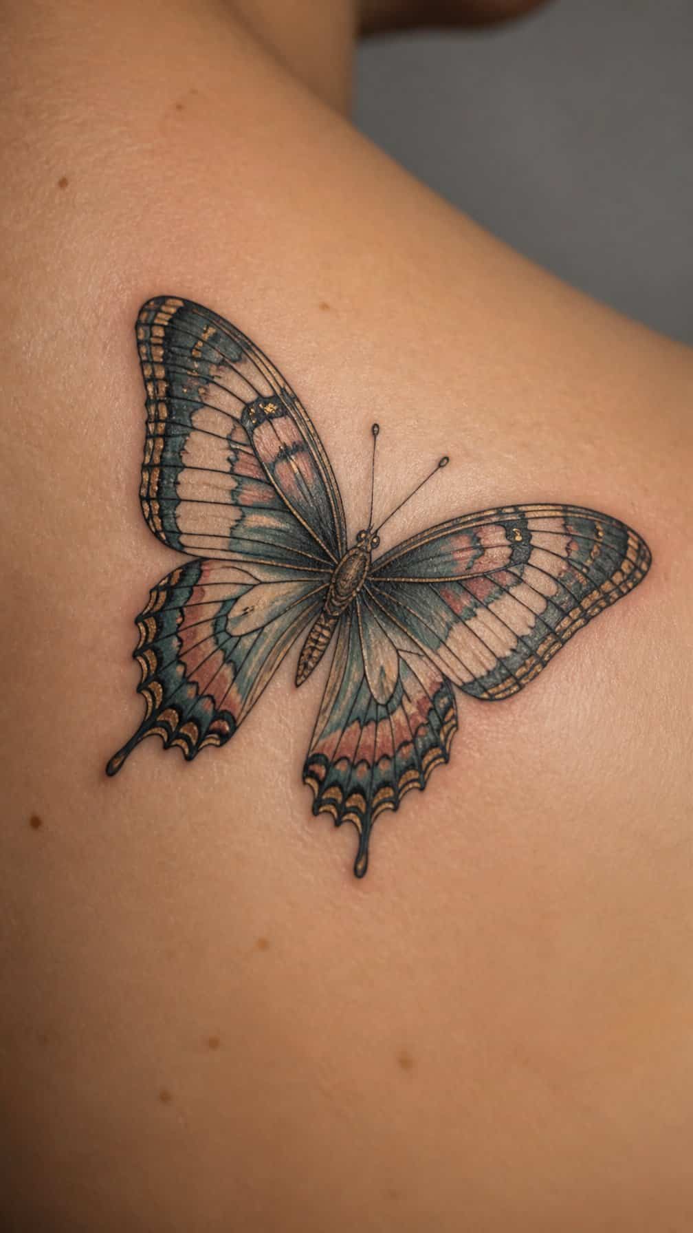 A detailed butterfly tattoo is shown on a person’s skin in close-up.