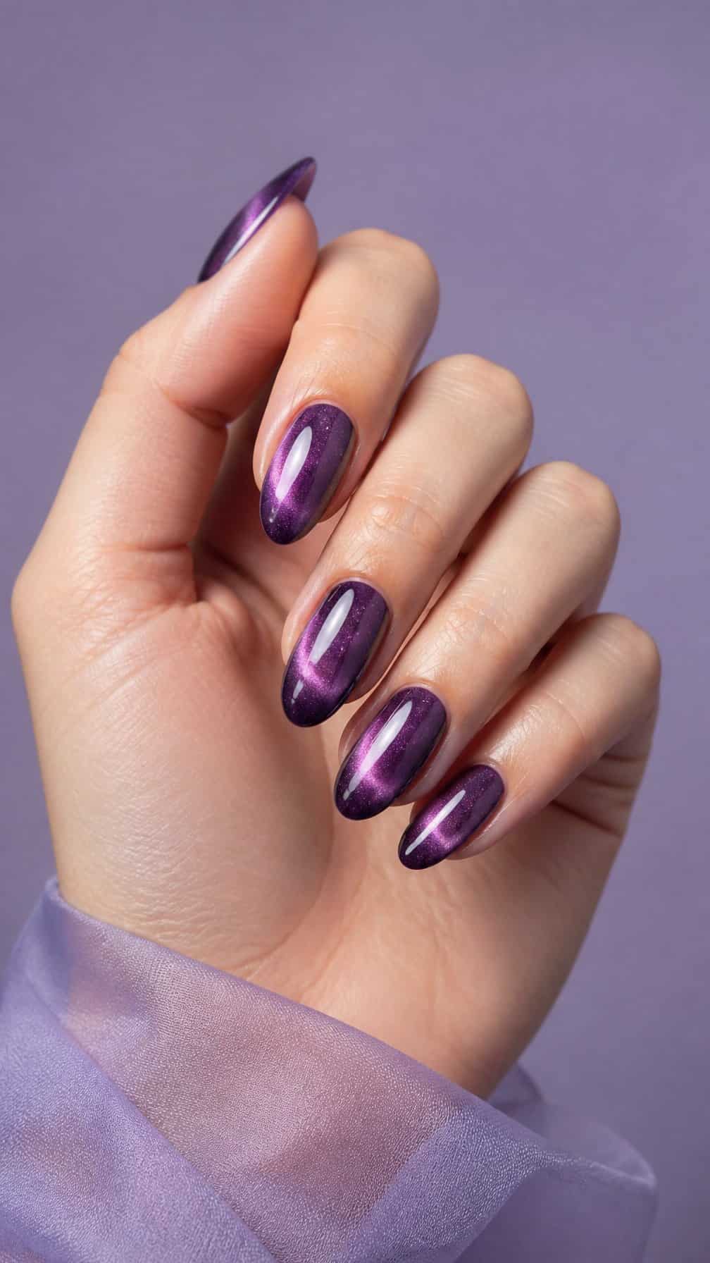 A hand with glossy violet cat-eye nail polish displayed against a soft neutral background.