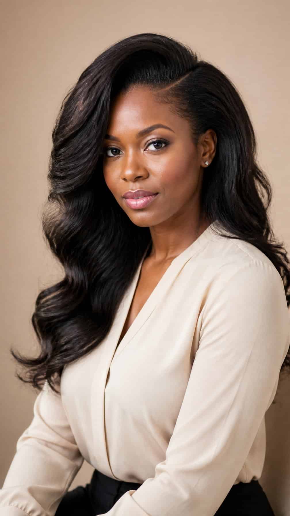A woman poses in a softly lit studio wearing a neutral blouse.