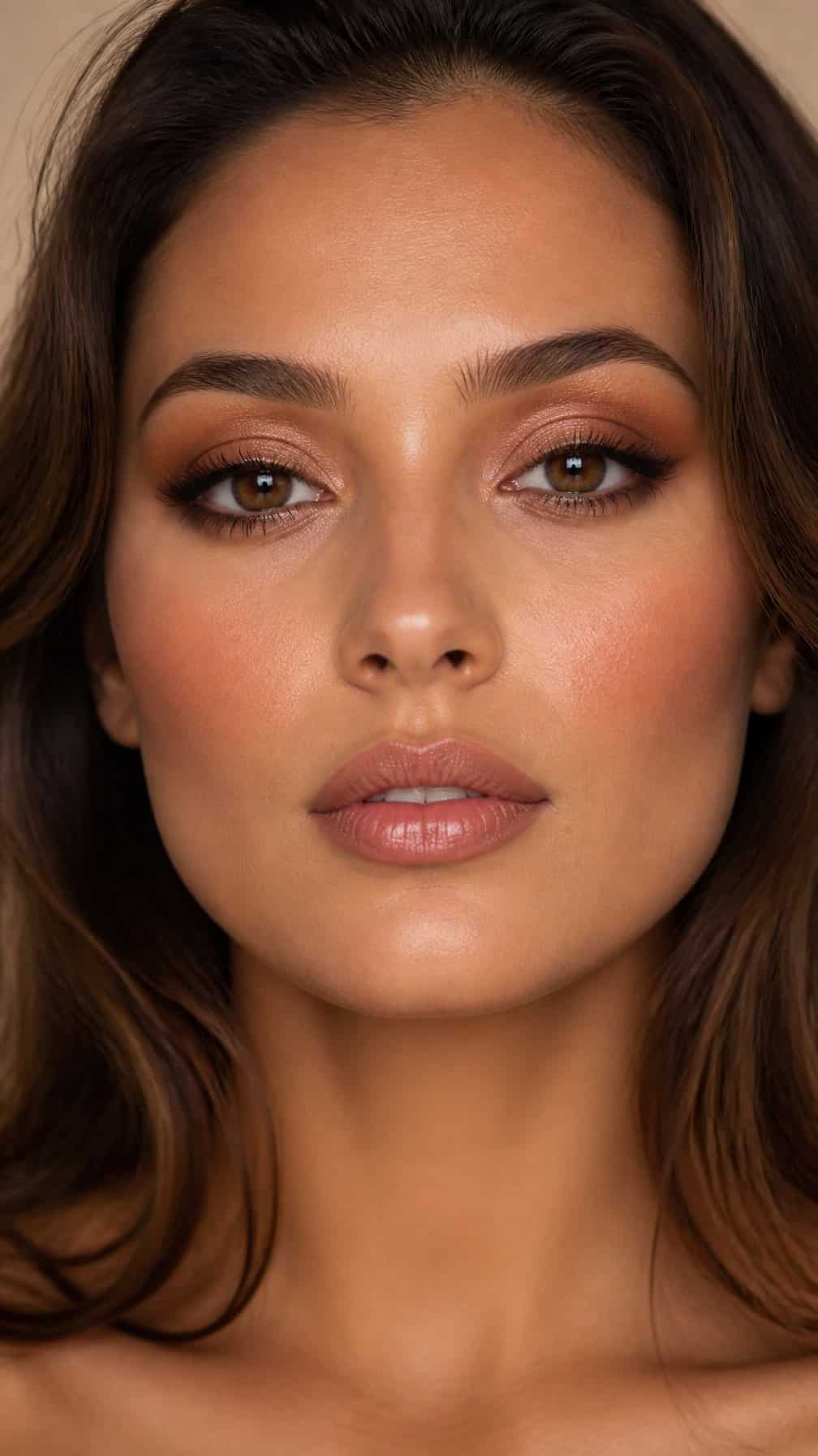Close-up portrait of a woman wearing warm caramel smokey eye makeup.