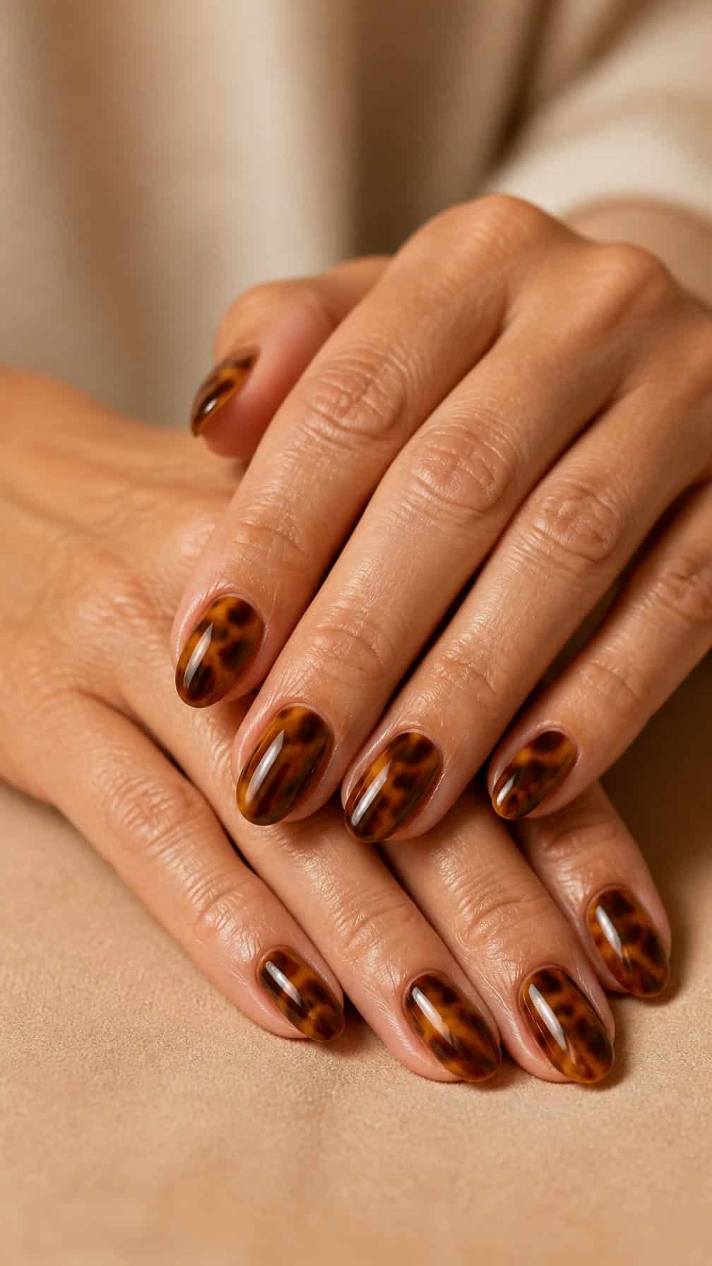 A woman’s hands display glossy caramel tortoiseshell manicured nails on a neutral surface.