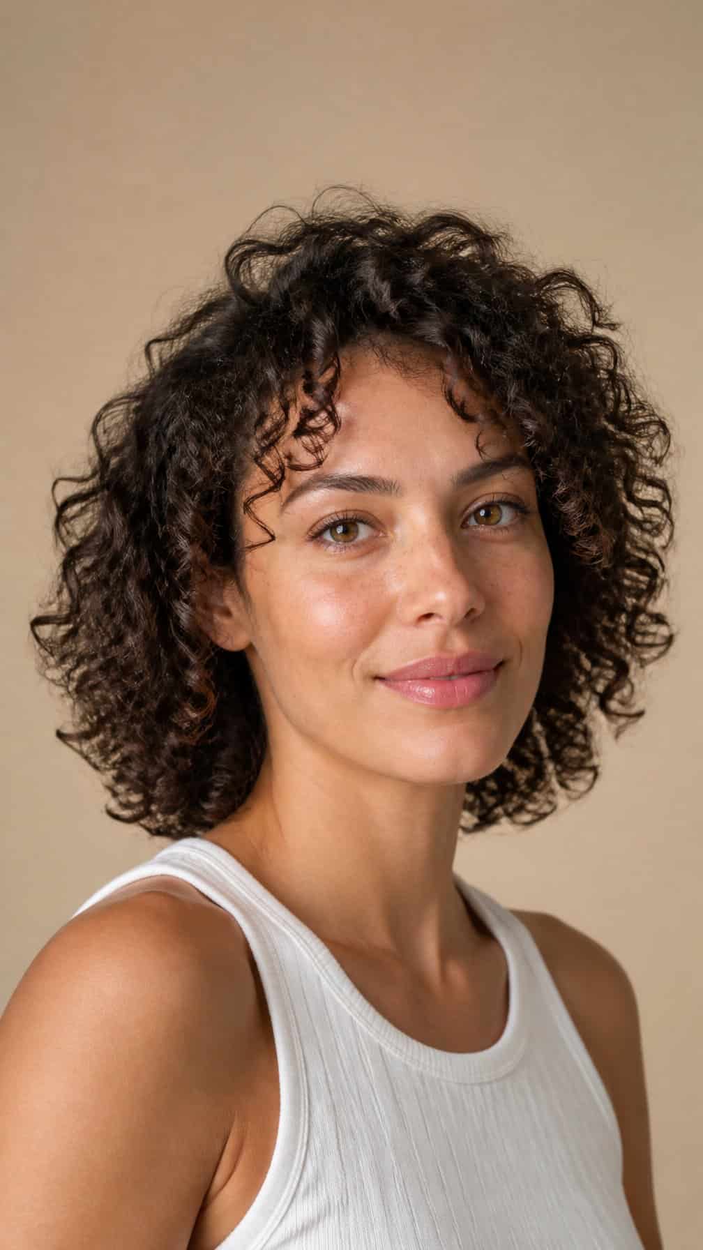 Woman with soft, defined curly hair posing against a neutral background.