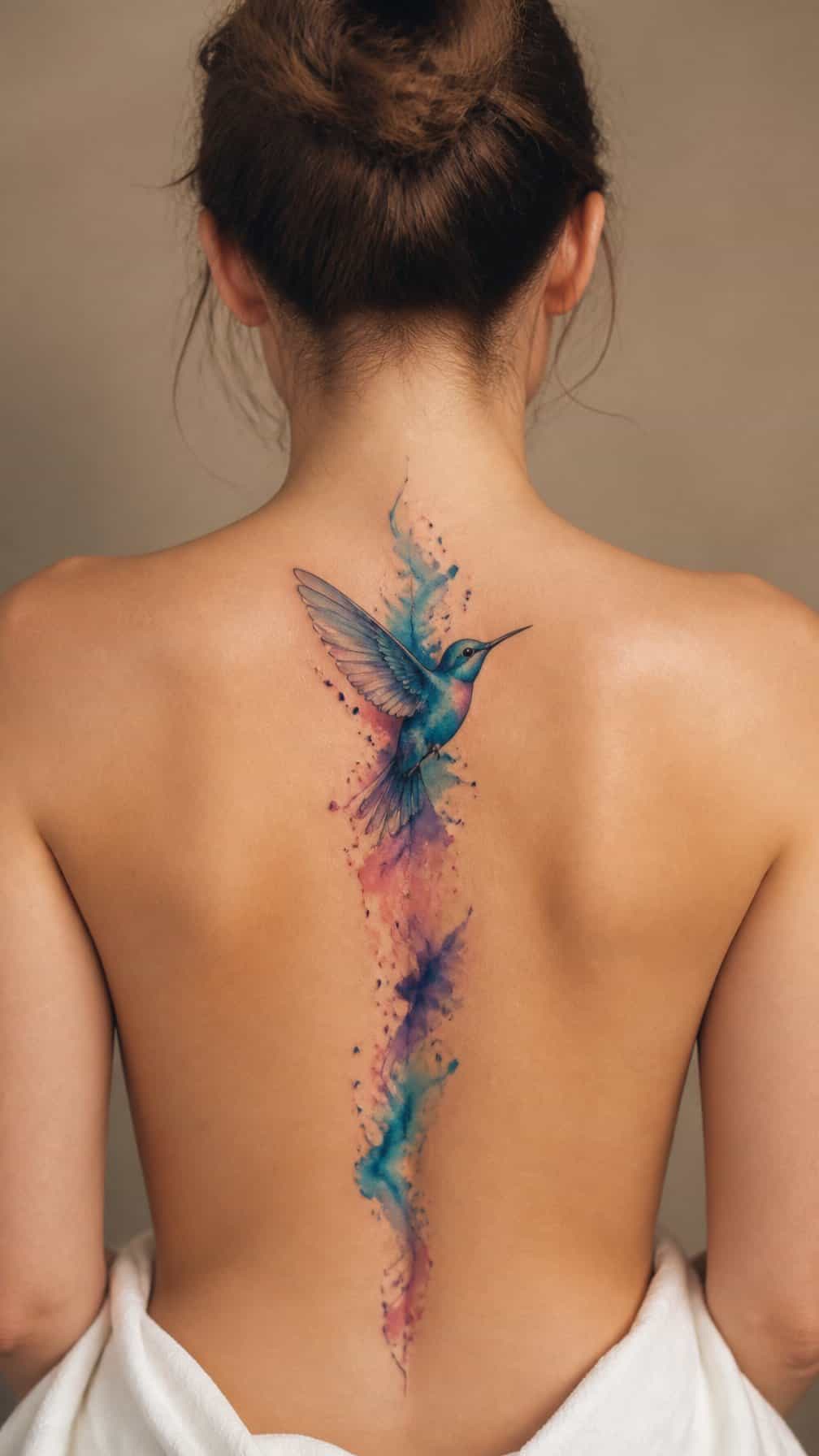 A person’s back with a colorful hummingbird tattoo running vertically along the spine.