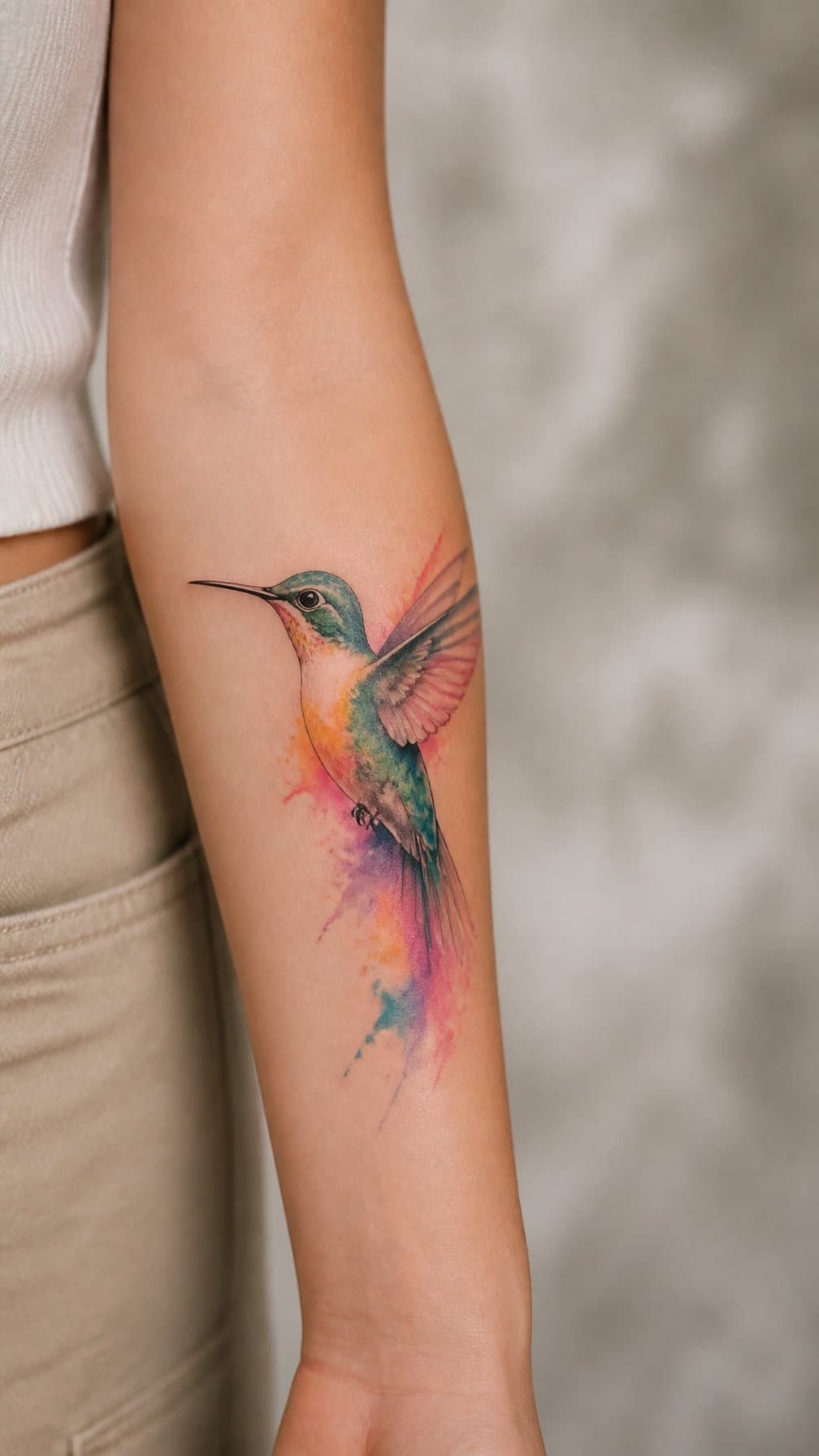 A woman’s forearm featuring a colorful hummingbird tattoo.