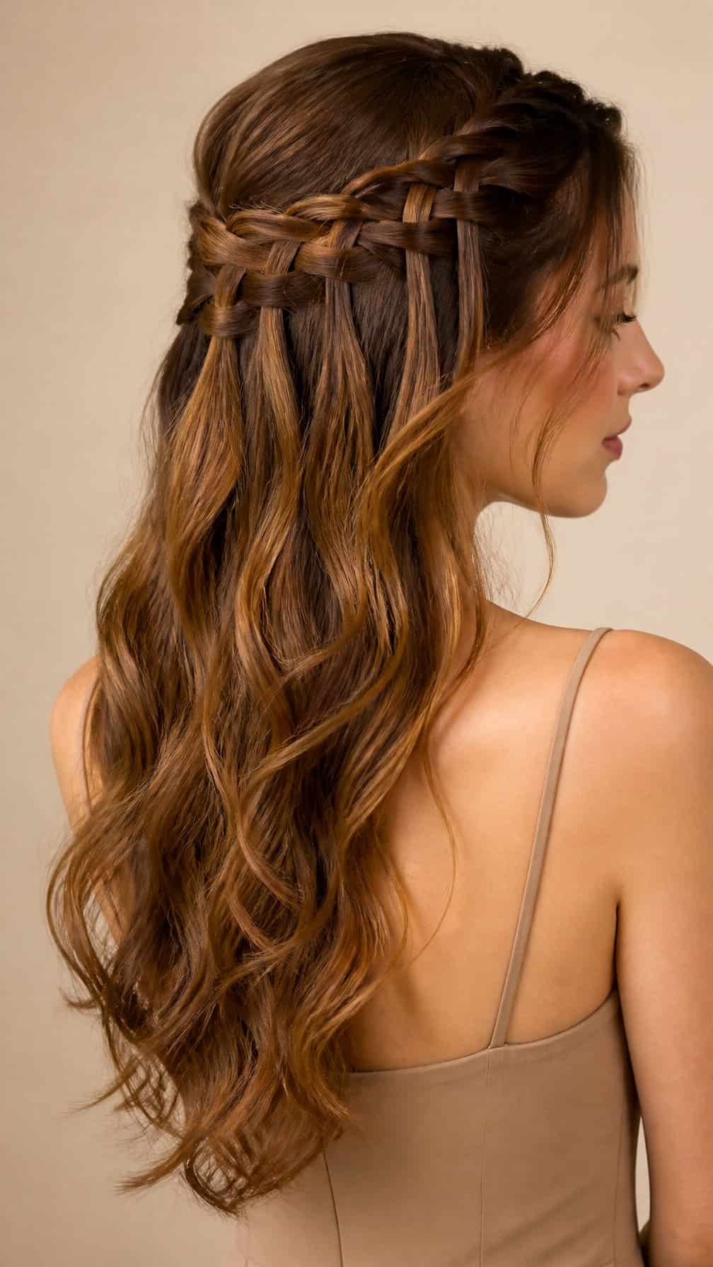 Woman with long hair styled in a cascading waterfall braid.