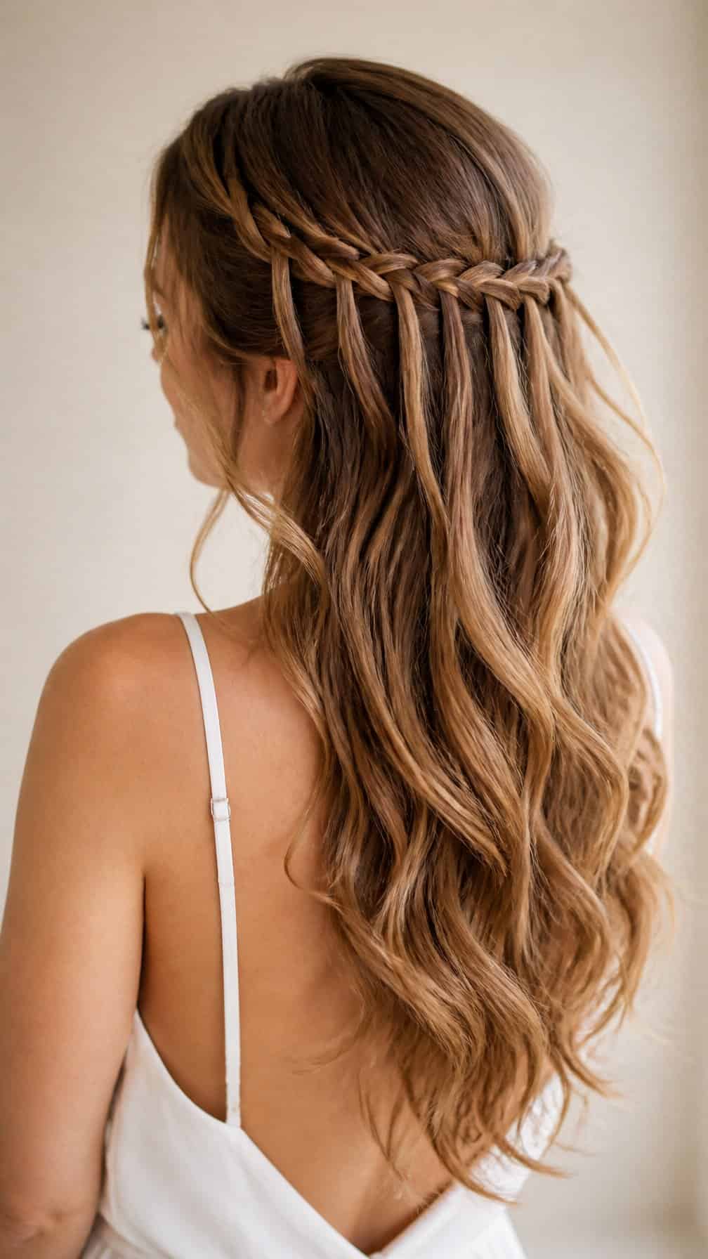 A woman with long hair wearing a waterfall braid and soft waves.