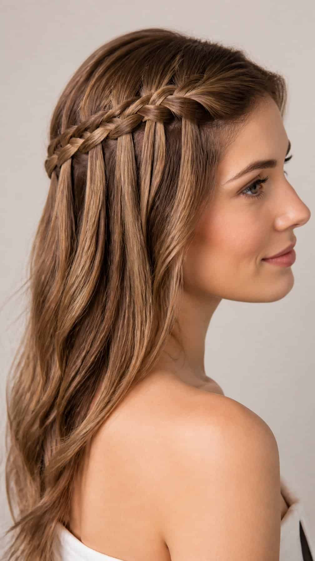 Woman wearing a waterfall braid hairstyle with loose hair cascading beneath it.