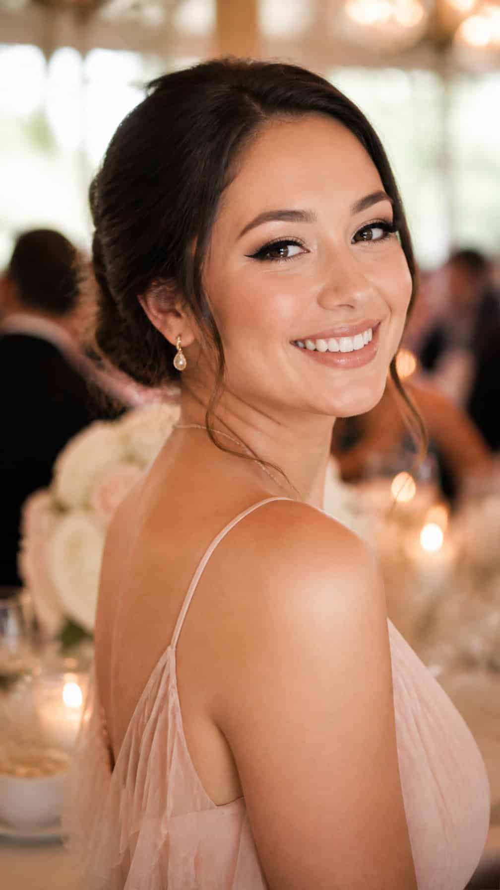 A smiling bridesmaid with winged eyeliner and nude lipstick at a softly lit wedding reception.