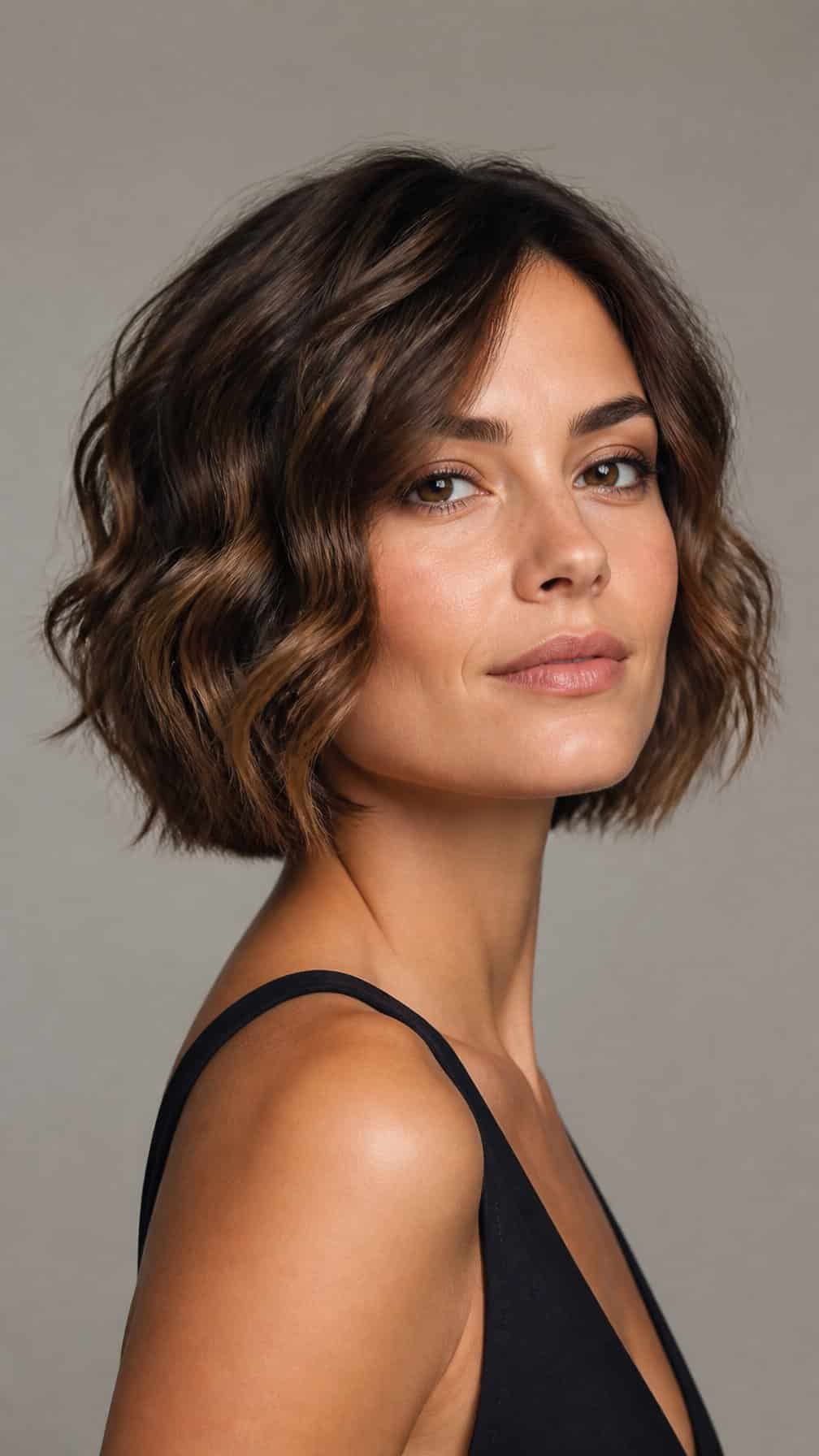 Woman with a chin-length wavy bob haircut posing against a plain background.