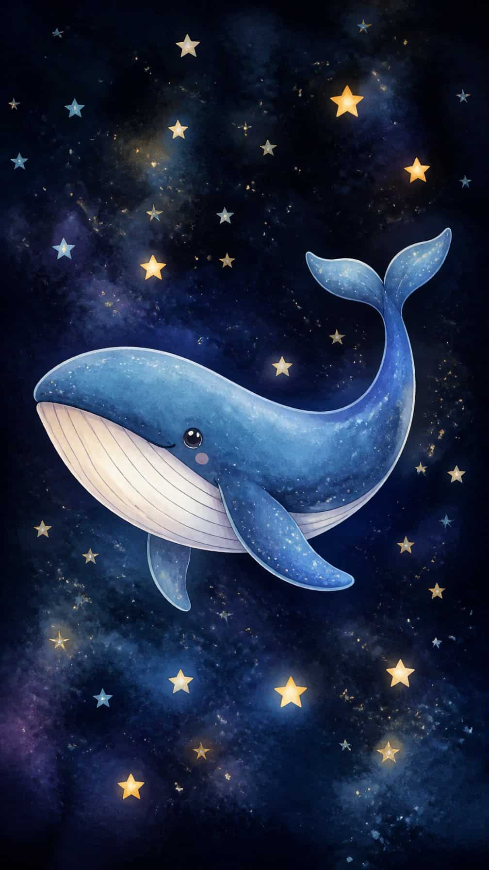 A friendly whale floating among glowing stars in a deep blue sky.