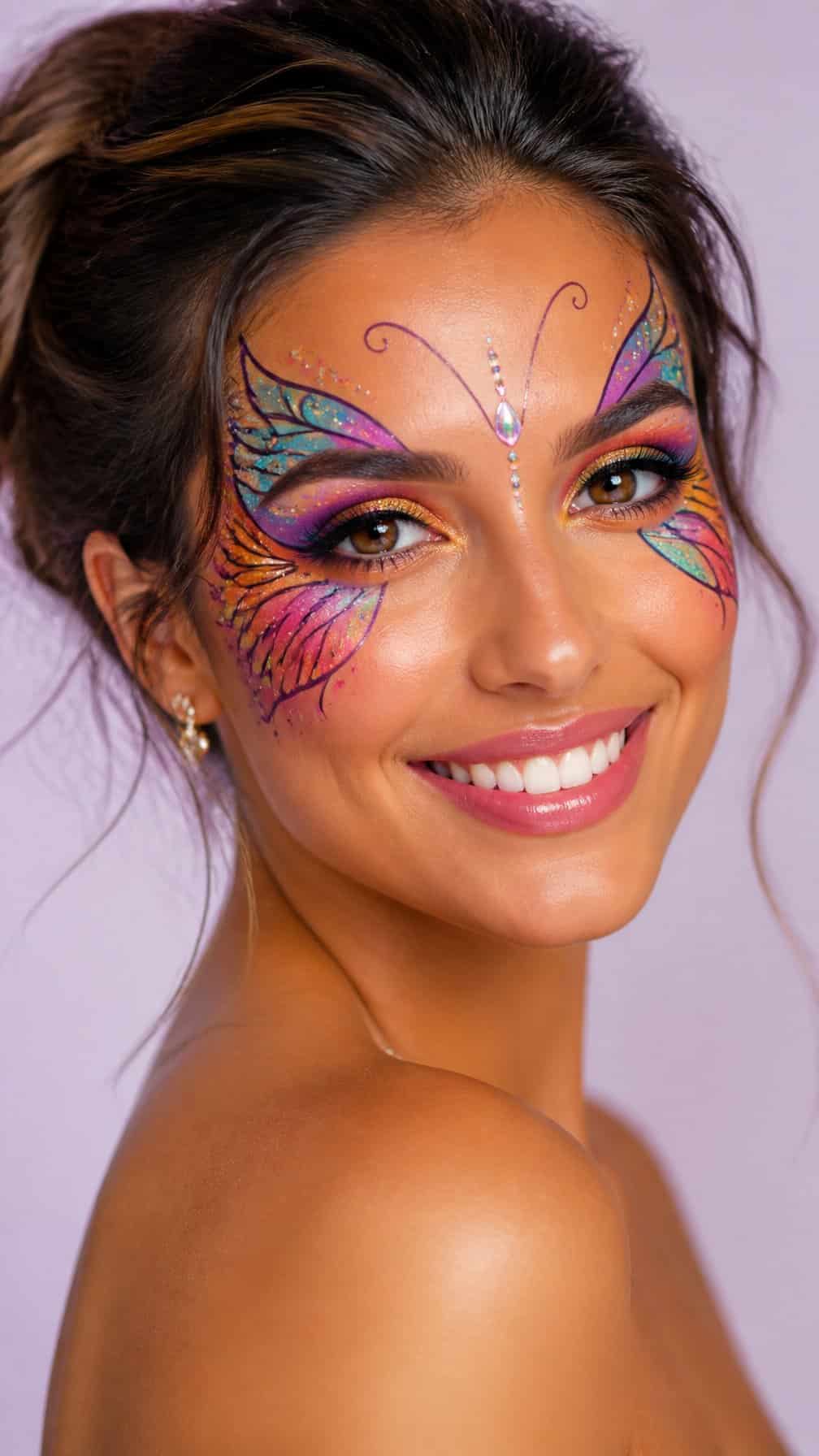 A person with colorful butterfly makeup painted around their eyes and cheeks.