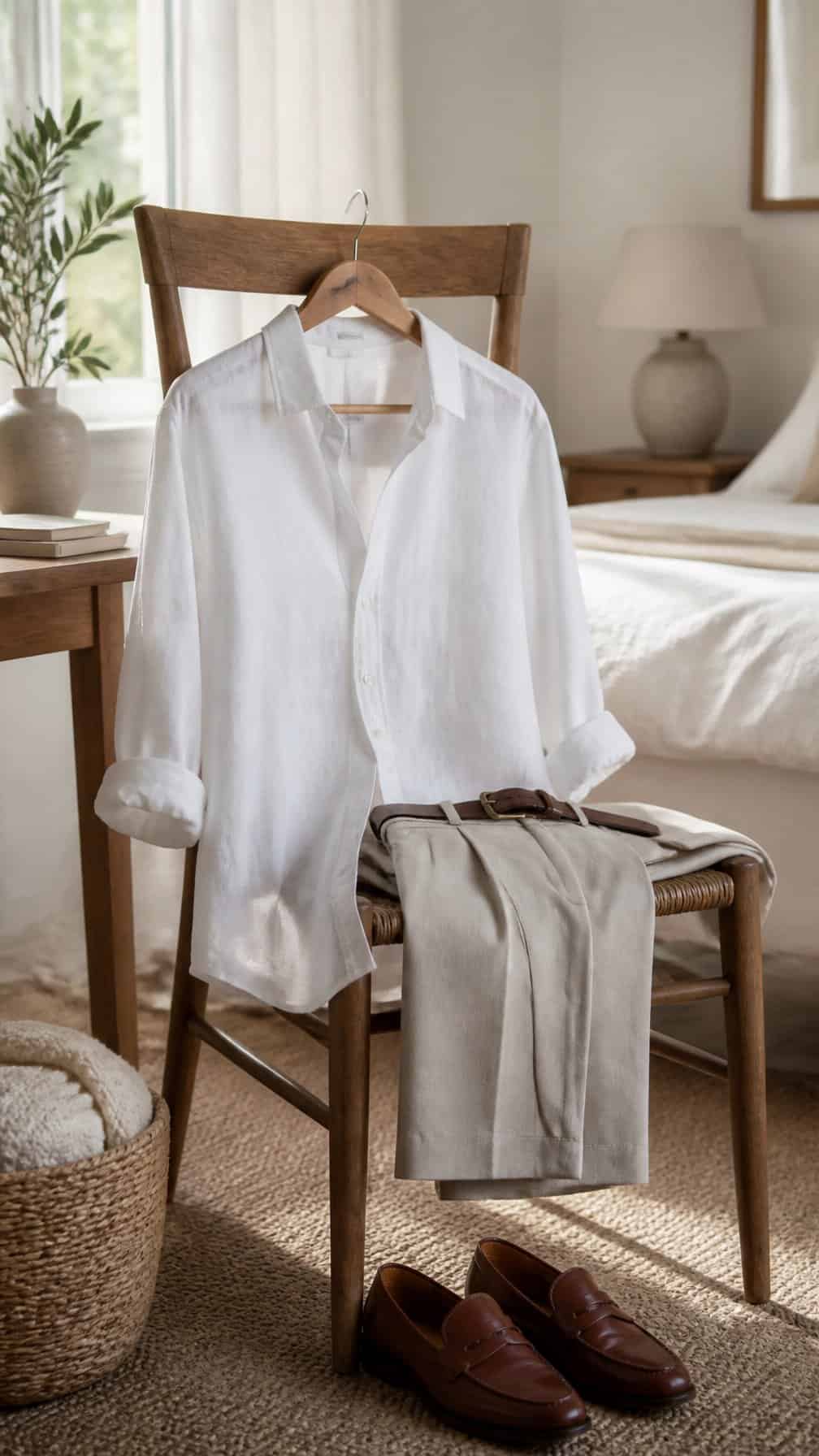 A white linen shirt styled with beige trousers and brown loafers in a bright dressing space.
