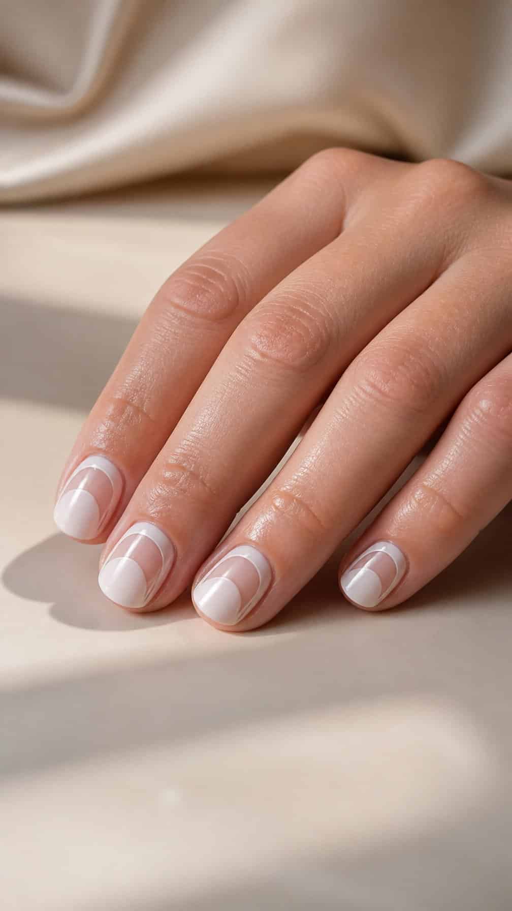Close-up of a hand with short nails decorated with minimalist white arches and bare negative-space details.