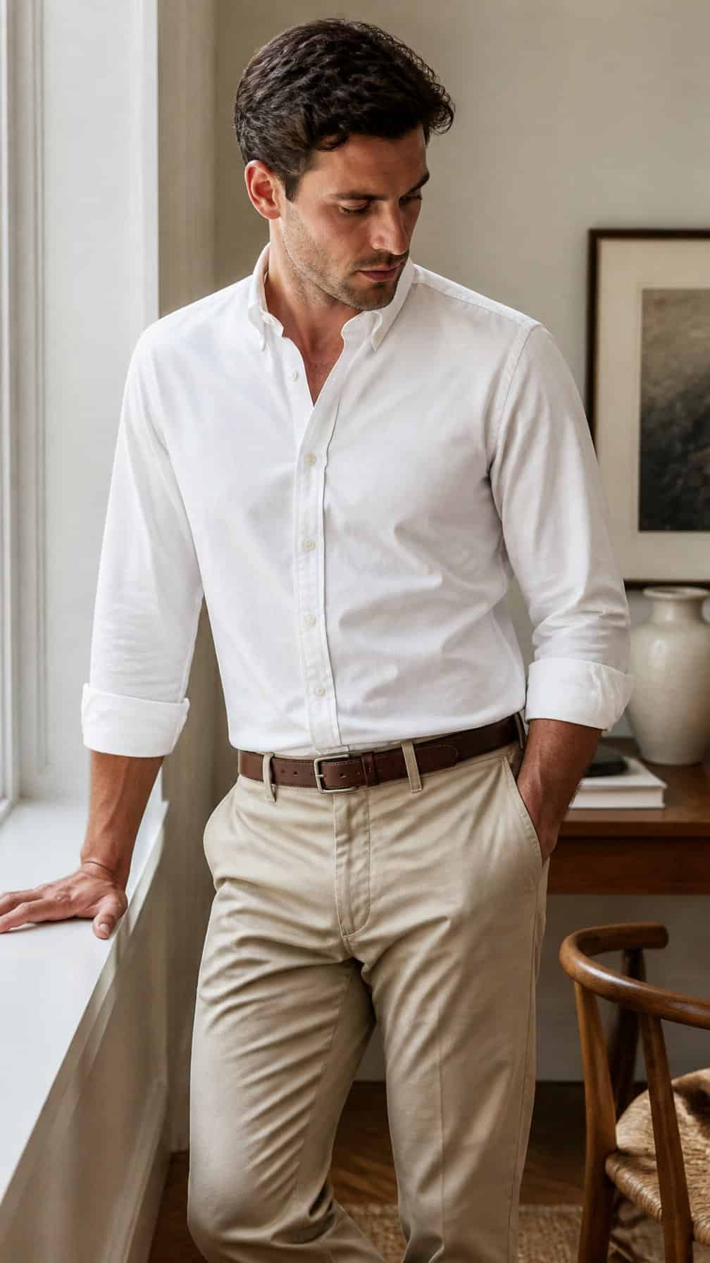 A person wearing a crisp white Oxford button-down shirt with neutral trousers in a bright, refined interior.
