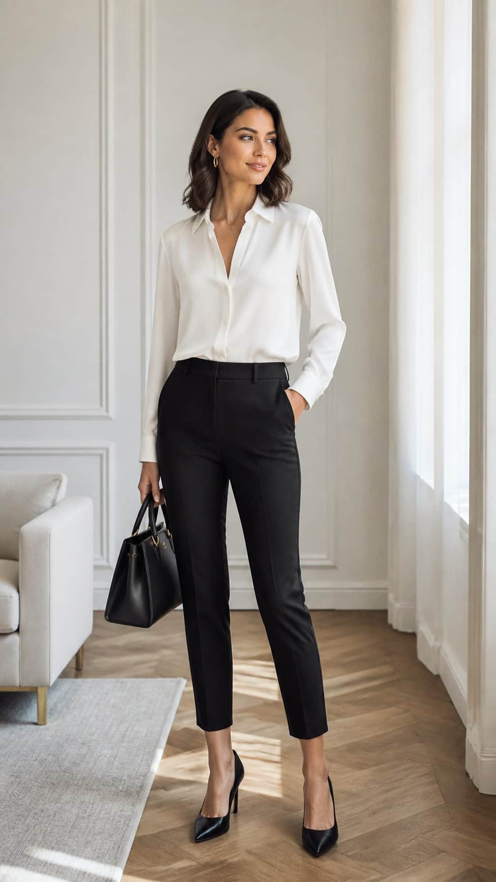 A woman wearing a white silk blouse and black cigarette pants stands in a bright minimalist interior.