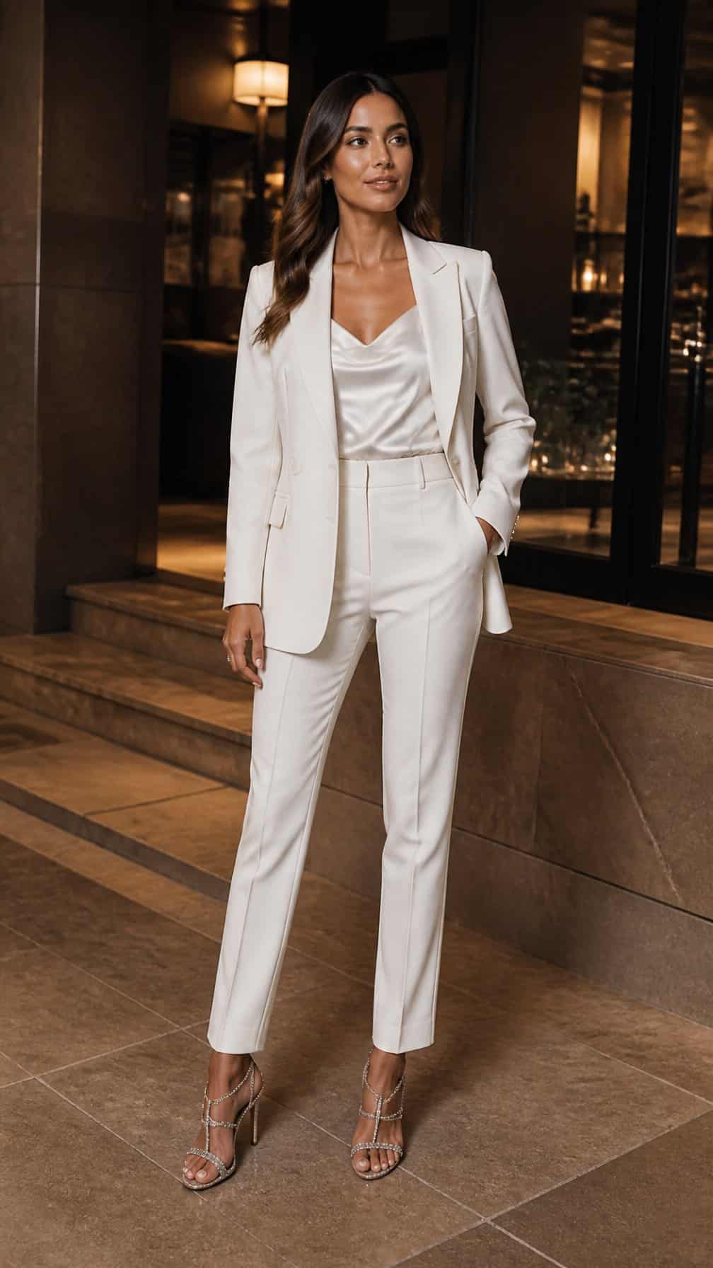 A woman in a white suit and rhinestone high heels standing in an upscale interior.