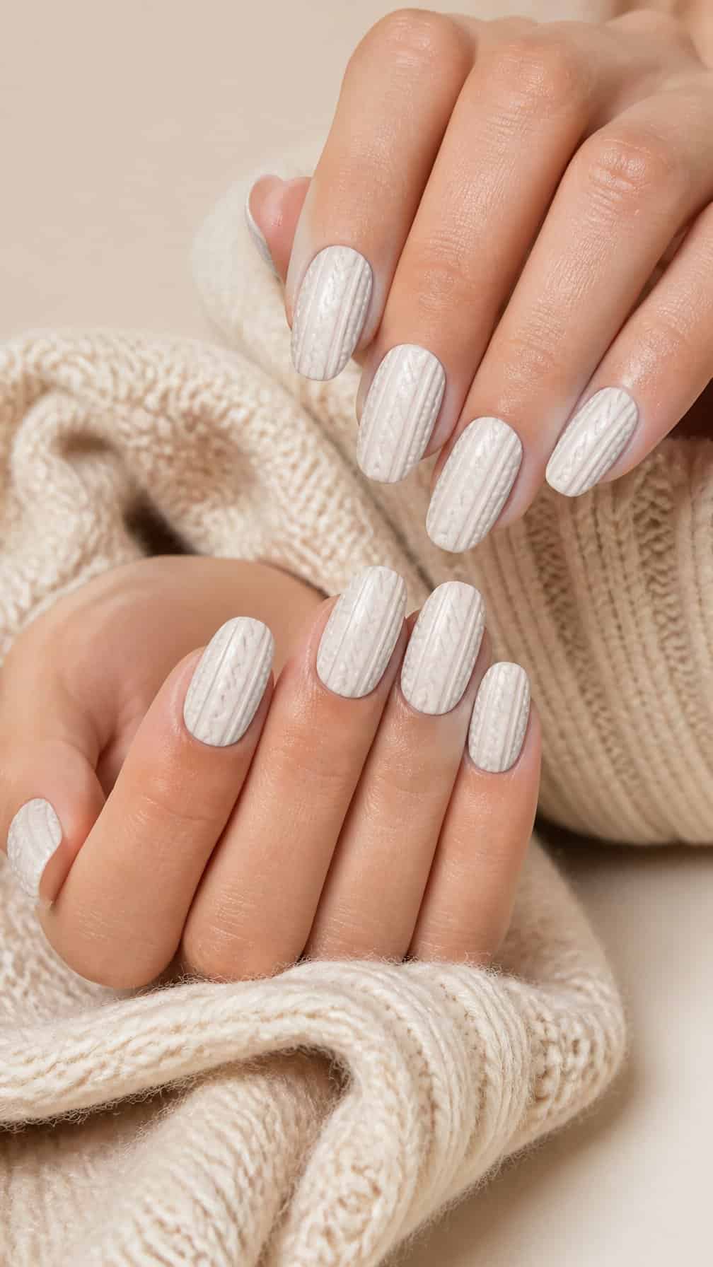 Close-up of hands with ivory-white sweater-textured knit nails beside a cream sweater.