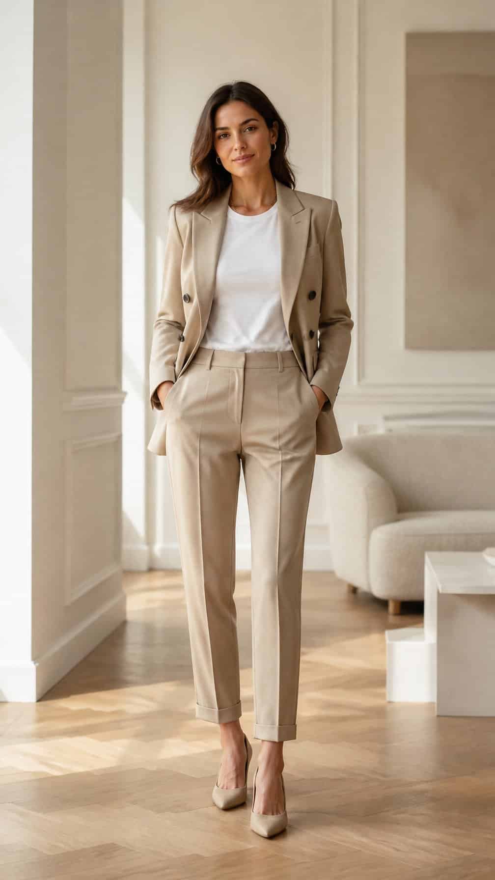 A woman wears a white T-shirt under a tailored double-breasted blazer with neutral trousers.