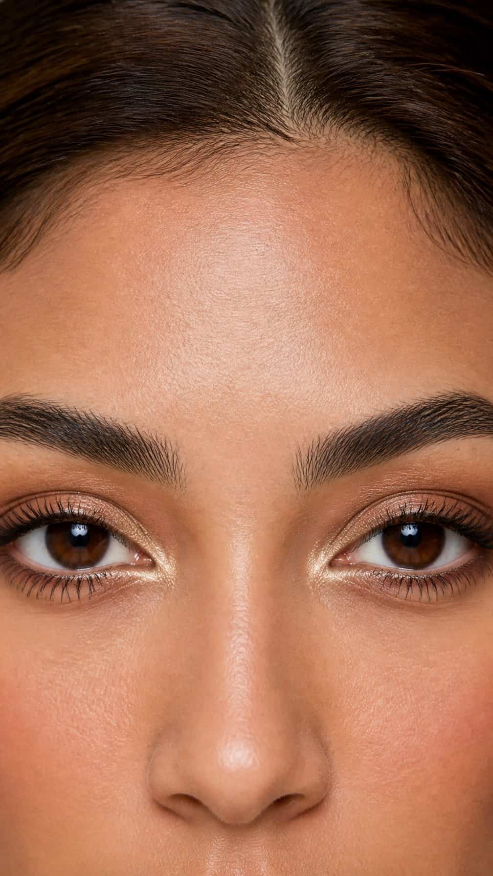 Close-up of a woman with softly highlighted inner eye corners and natural neutral eye makeup.