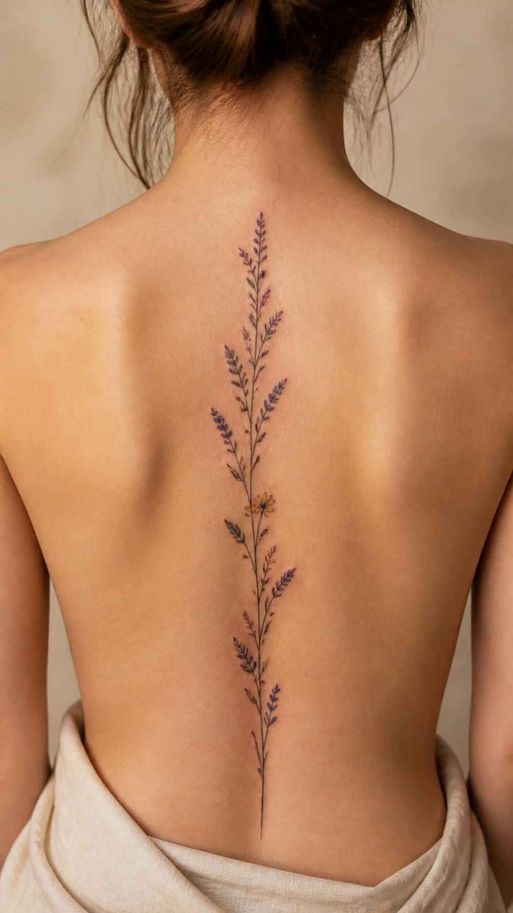 A woman’s back with a delicate wildflower stem tattoo running vertically along the spine.