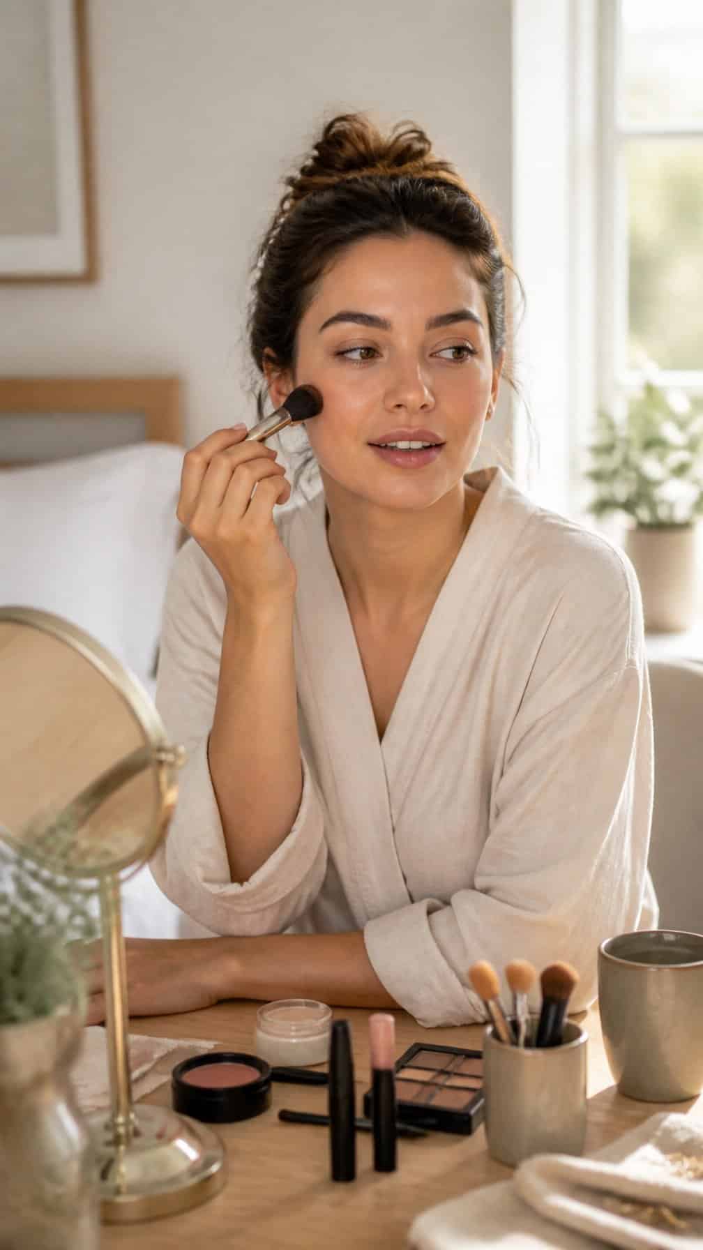 A woman applies simple makeup at a bright vanity in the morning.