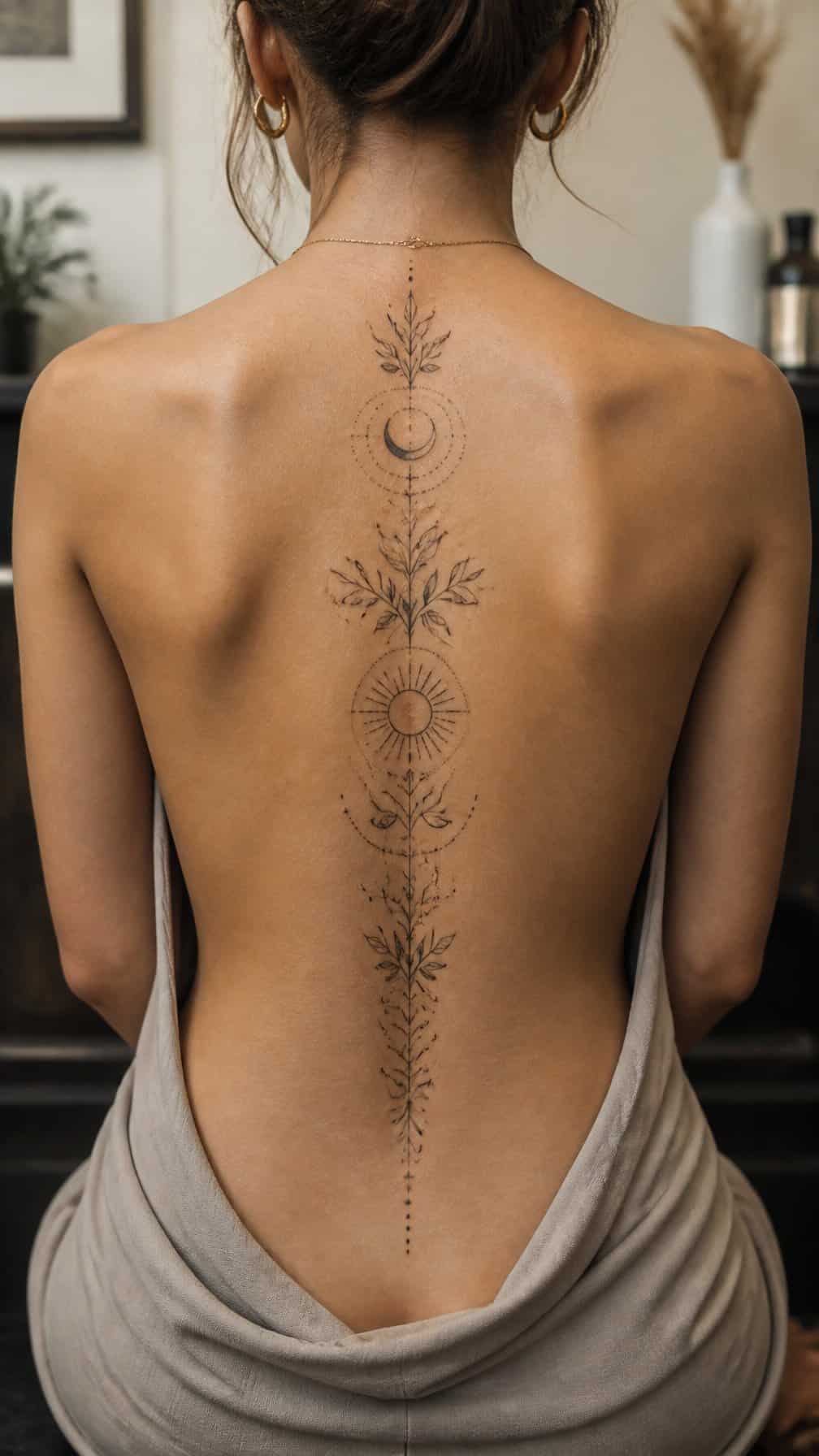 A woman with a detailed vertical tattoo centered along her spine stands in a softly lit studio.