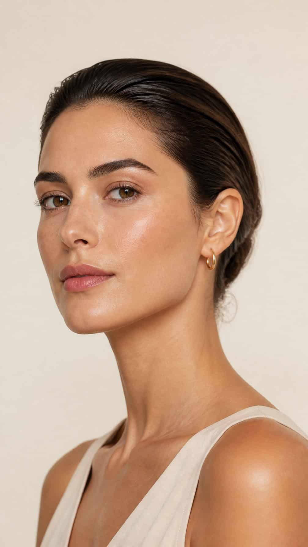 A woman with her hair smoothly swept back poses against a light background.