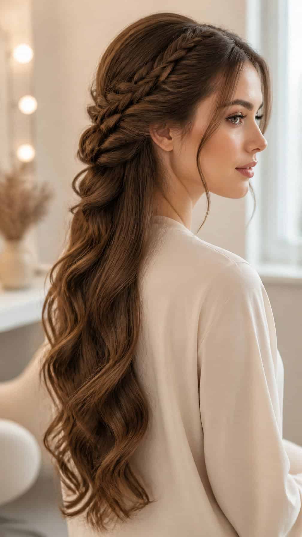 A woman with long hair styled in an intricate braid and twist poses in a softly lit studio.