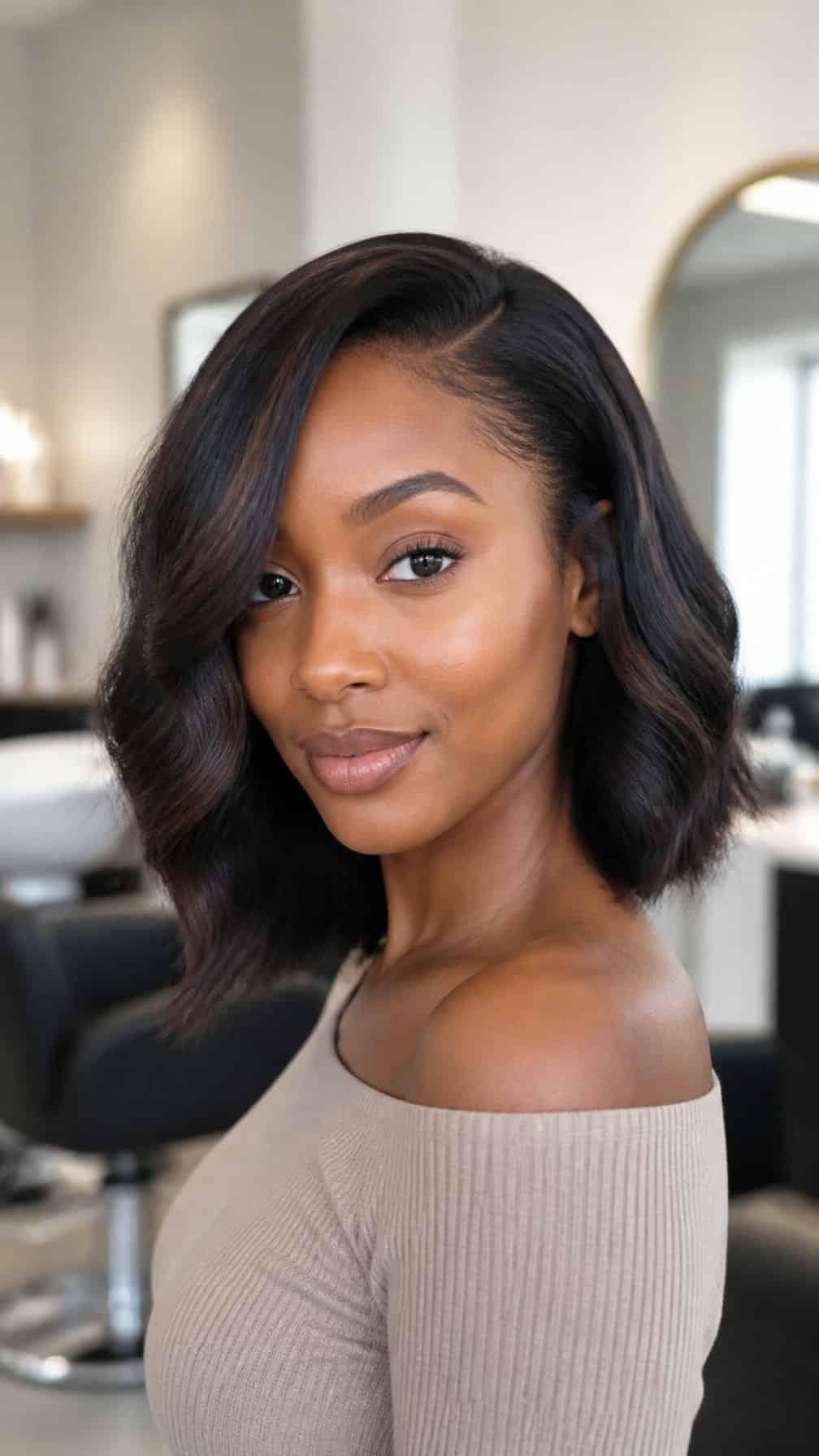 A woman poses in a bright, modern salon.