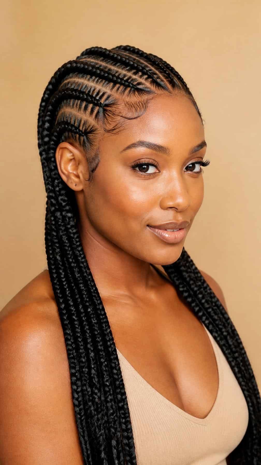 A woman poses in a softly lit studio wearing an elegant hairstyle and a neutral top.
