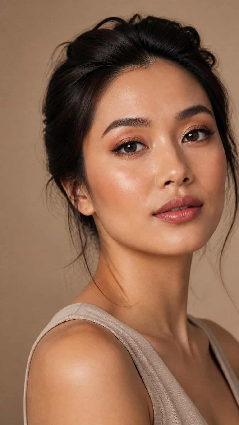 Woman with softly blended neutral makeup and a luminous complexion posing against a plain background.