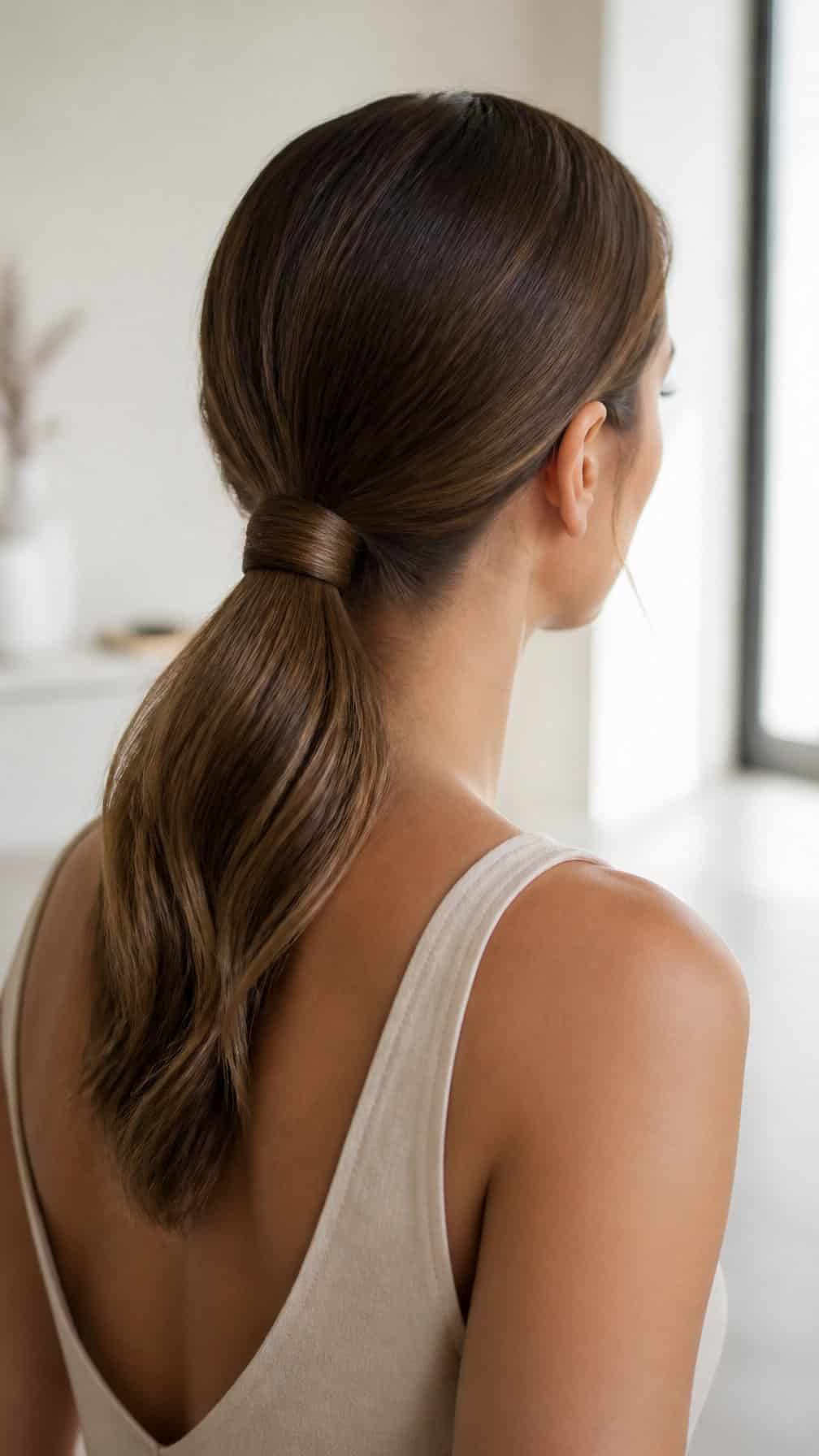 Woman wearing a low ponytail wrapped with a section of hair.