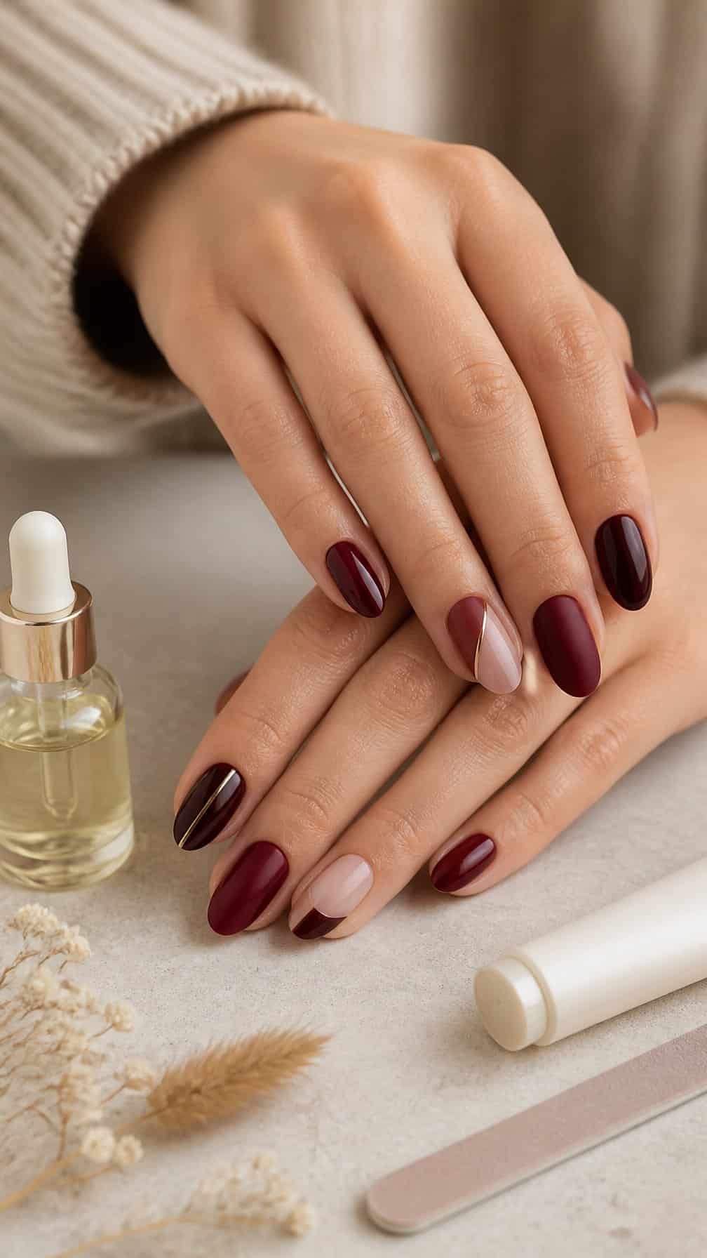 Close-up of hands with elegant burgundy manicured nails beside simple nail-care products.
