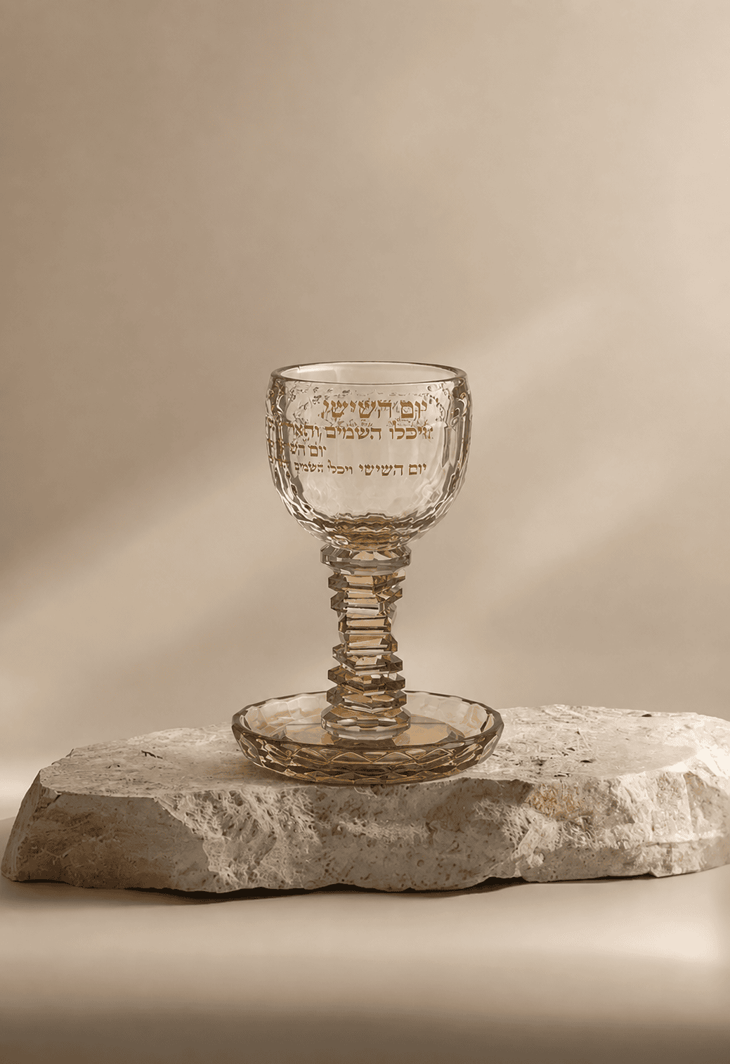גביע קידוש קריסטל דגם "זוהר" על משטח אבן, מתאים לקידוש בשבת וחג.
