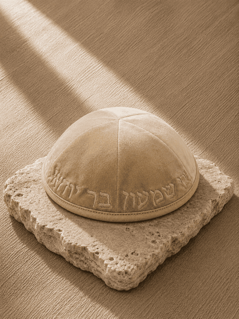 כיפה קטיפה עם ריקמה "רבי שמעון בר יוחאי" גודל 3 | זהב