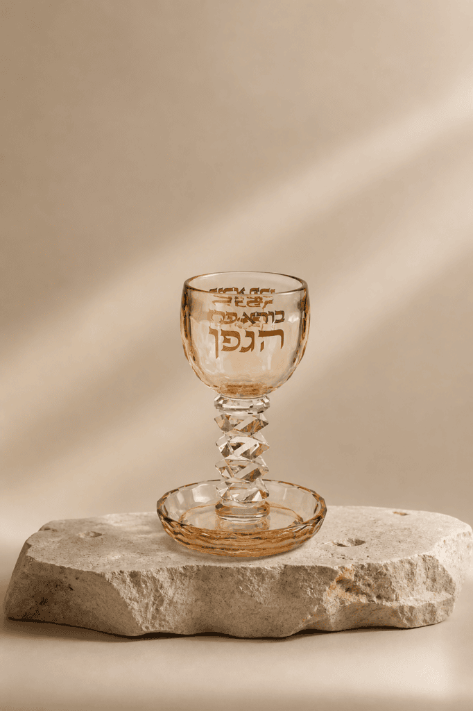 כוס קריסטל מעוצבת עם עיטור גפן, מושלמת להגשמת טקסים ושולחנות חגיגיים.