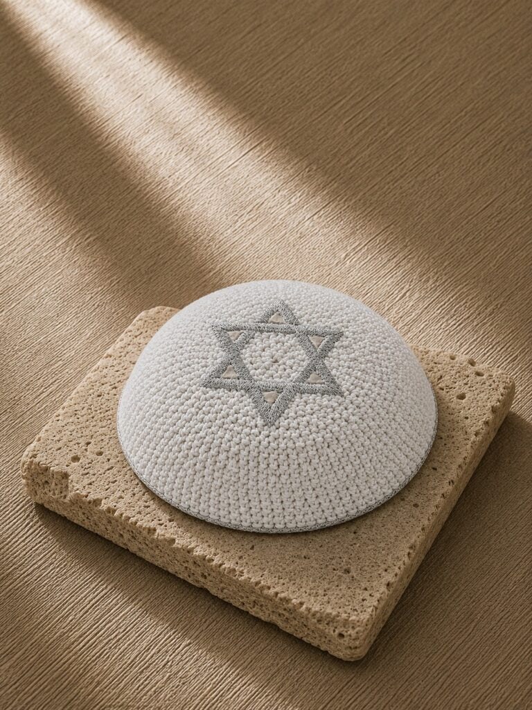 כיפה סרוגה עם רקמה מגן דוד 16 ס"מ | לבן כסף