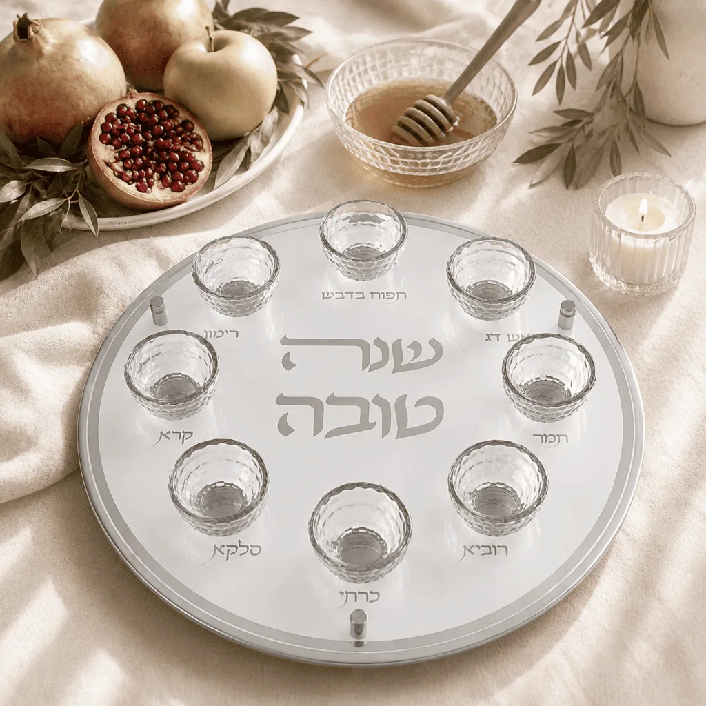 צלחת מהודרת לראש השנה מזכוכית שקופה | כסף