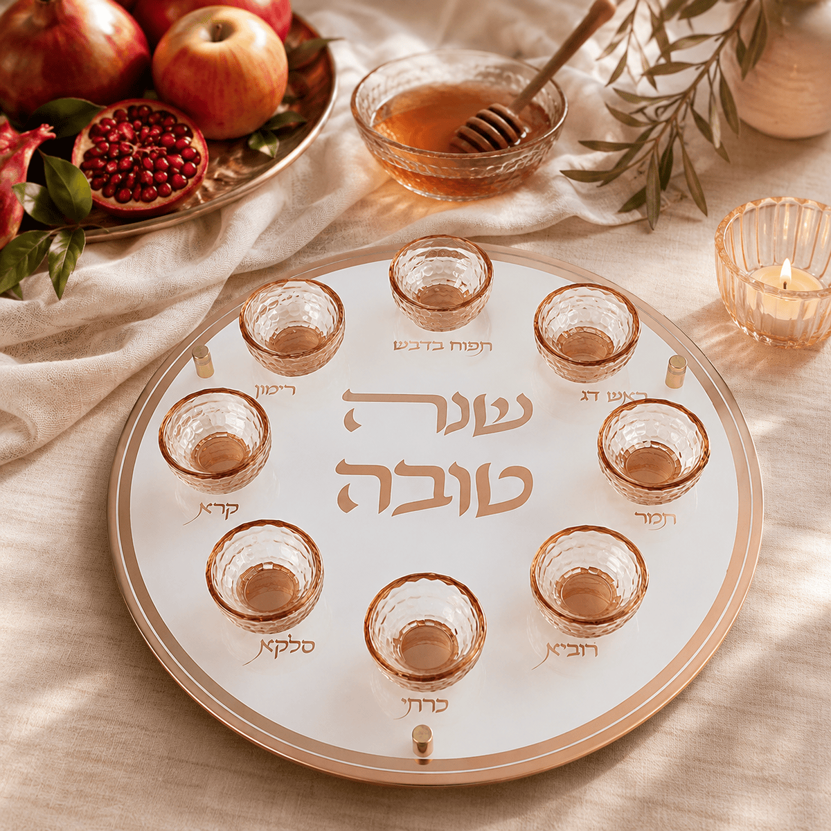 צלחת מהודרת לראש השנה מזכוכית שקופה | שמפניה