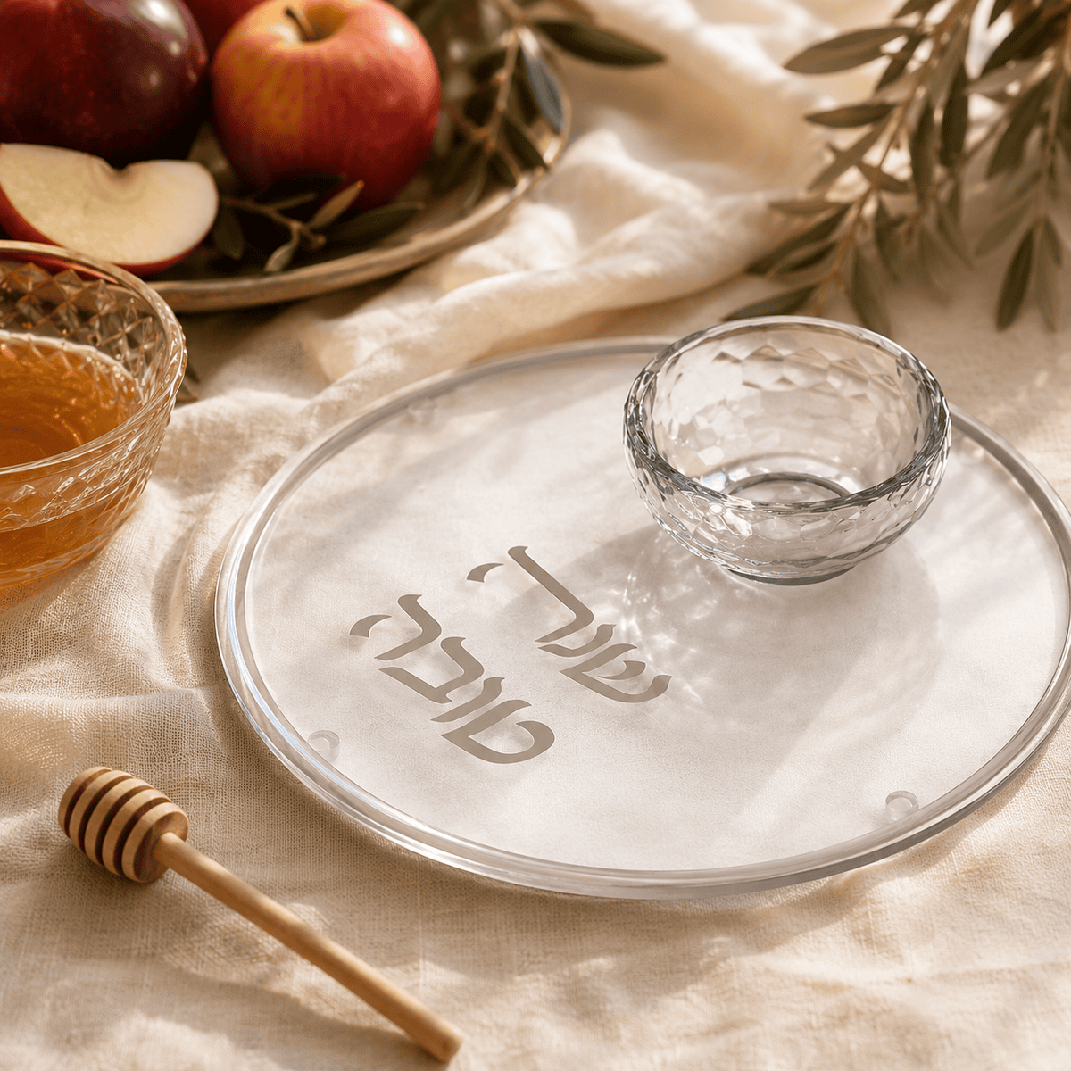 צלחת זכוכית יוקרתית לדבש עם מקל עץ תואם | כסף
