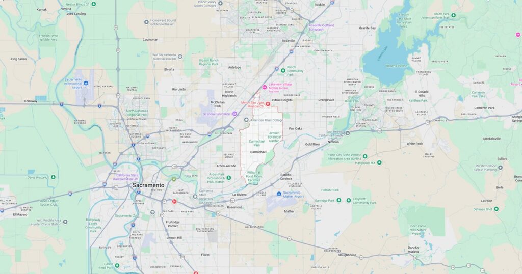 Detailed transit map of Sacramento showing bus and train routes, stations, and surrounding areas for public transportation navigation.