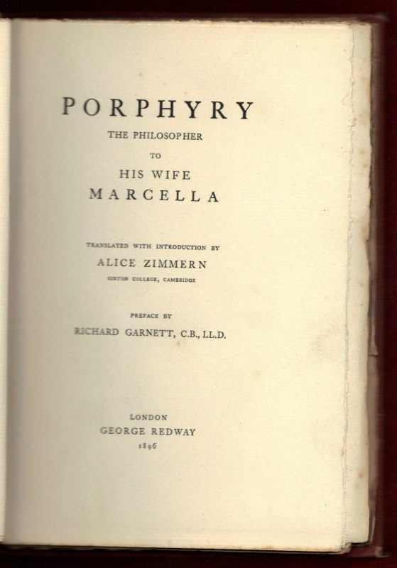 Title page of the Zimmern book Porphyry the Philosopher to his wife Marcella.